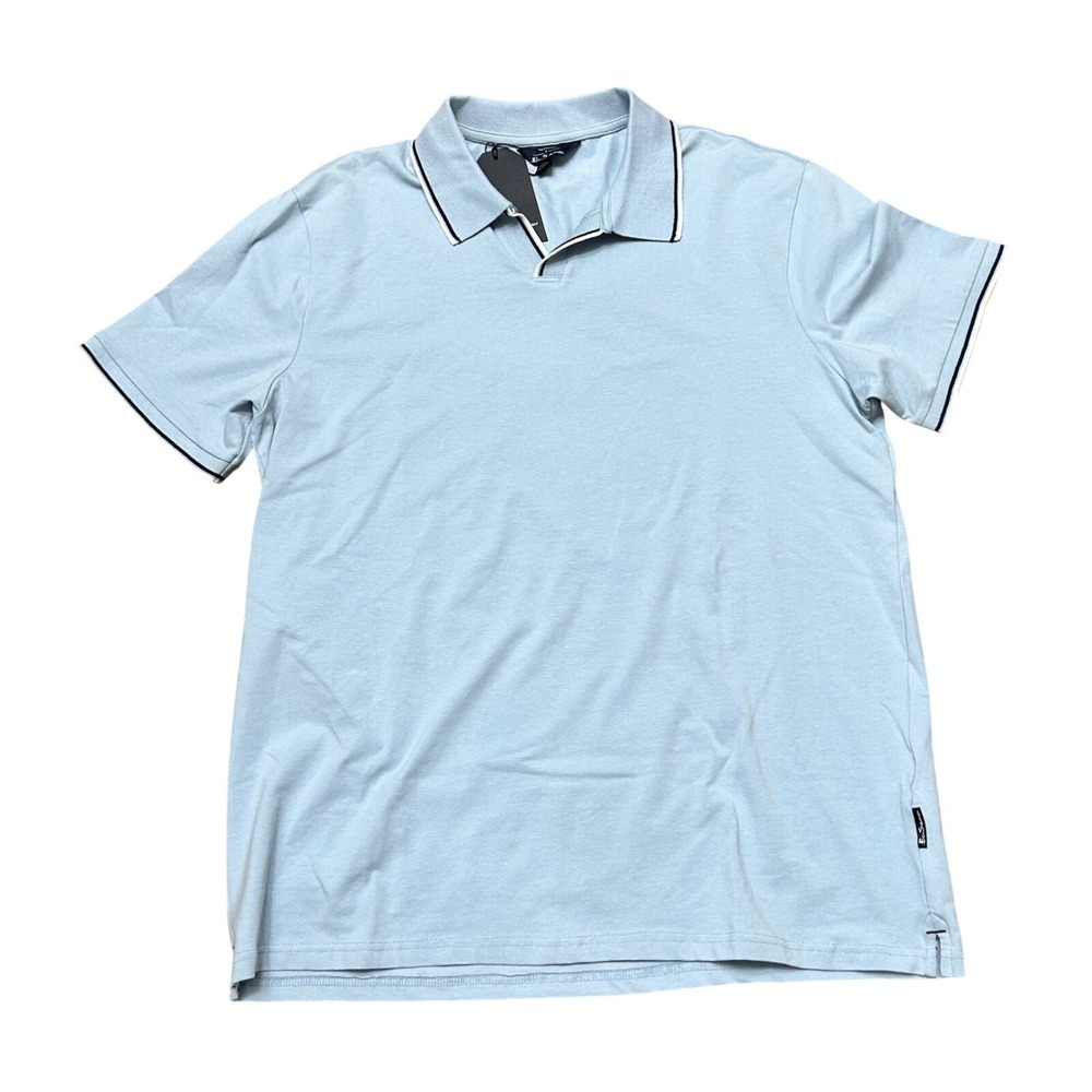 Ben Sherman Men's L Polo Shirt Blue Fog Short Sleeve Trim Casual Top Golf Cotton